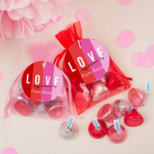 Personalized Valentine's Day Color Block Love Hershey's Kisses in Organza Bags with Gift Tag