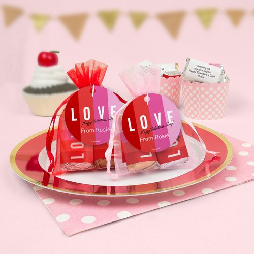 Personalized Valentine's Day Color Block Love Hershey's Miniatures in Organza Bags with Gift Tag