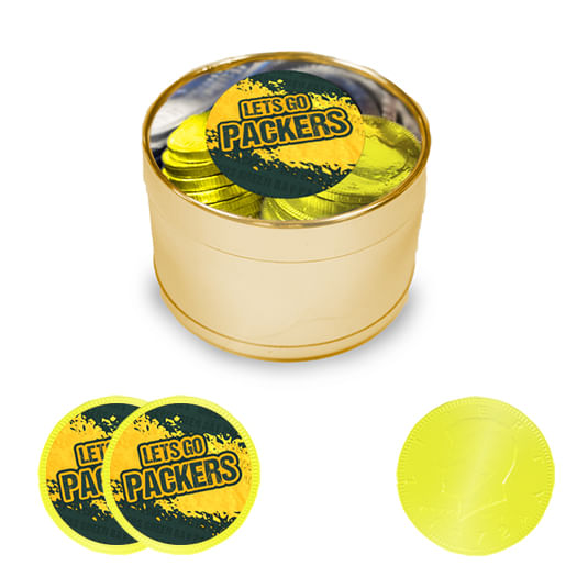 Let's Go Packers Milk Chocolate Coins in Medium Gold Plastic Tin (24