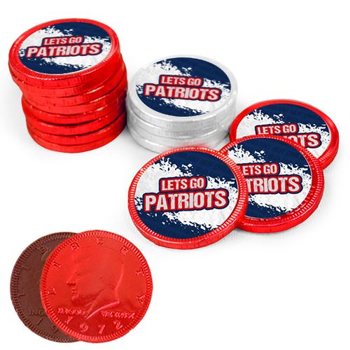 Let's Go Patriots Chocolate Coins with Red & White Foil with Sticker (84 Pack)