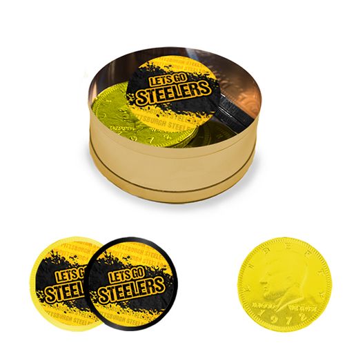 Let's Go Steelers Milk Chocolate Coins in Small Gold Plastic Tin (12 Coins w/ stickers)