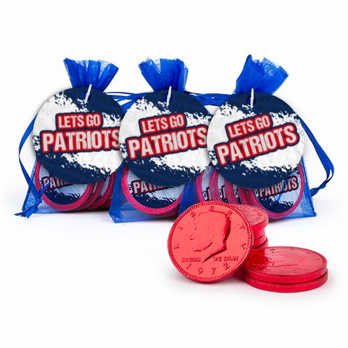 Football Party Themed Let's Go Patriots Chocolate Coins & Stickers in XS Organza Bags with Gift Tag