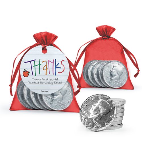 Personalized Teacher Appreciation Doodle Milk Chocolate Coins in Organza Bags with Gift Tag