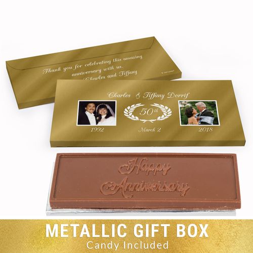 Deluxe Personalized Anniversary Gilded Fluer De Lis Chocolate Bar in Gold Metallic Gift Box