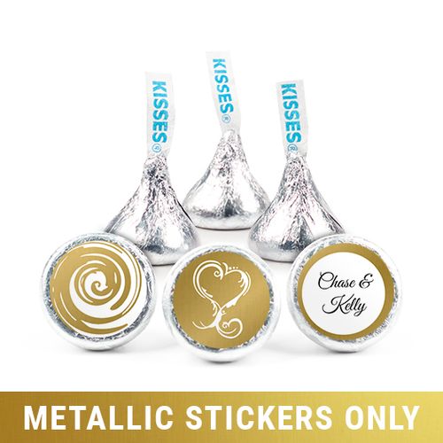 Personalized 3/4" Stickers - Metallic Wedding Swirl Hearts (108 Stickers)