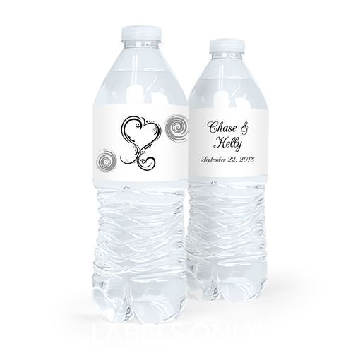 Personalized Heart Swirl Wedding Water Bottle Labels (5 Labels)