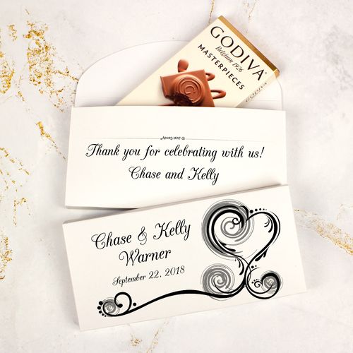 Deluxe Personalized Wedding Swirled Heart Godiva Chocolate Bar in Gift Box