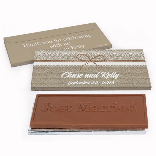 Deluxe Personalized Burlap and Lace Wedding Chocolate Bar in Gift Box