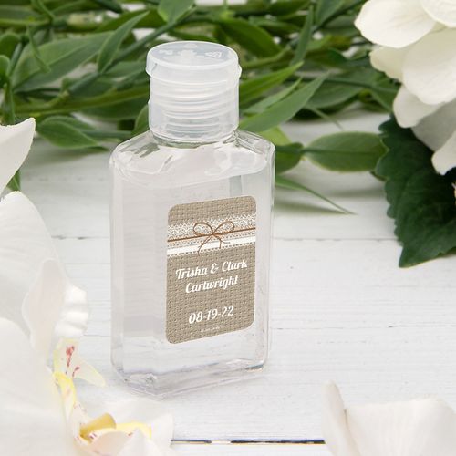 Personalized Hand Sanitizer Wedding 2 fl. oz bottle - Burlap and Lace