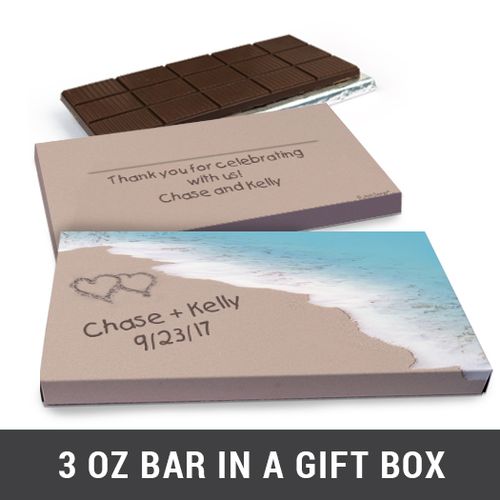 Deluxe Personalized Seashore Heart Wedding Belgian Chocolate Bar in Gift Box (3oz Bar)