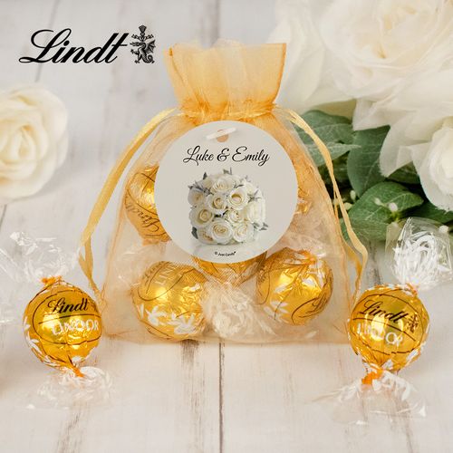 Personalized Wedding Lindt Truffle Organza Bag- White Roses