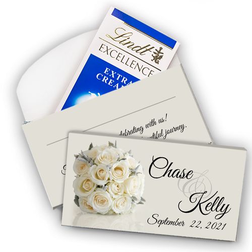 Deluxe Personalized Wedding White Roses Lindt Chocolate Bar in Gift Box (3.5oz)