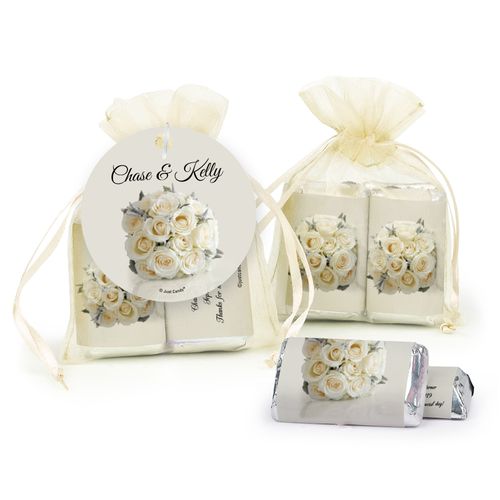 Personalized Wedding White Rose Bouquet Hershey's Miniatures in Organza Bags with Gift Tag