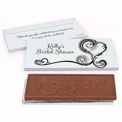 Deluxe Personalized Swirled Hearts Bridal Shower Embossed Chocolate Bar in Gift Box