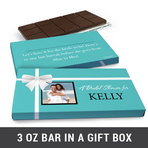 Deluxe Personalized Tiffany Bow Wedding Belgian Chocolate Bar in Gift Box (3oz Bar)