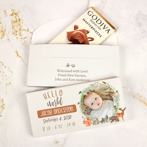 Deluxe Personalized Hello World Baby Shower Godiva Chocolate Bar in Gift Box