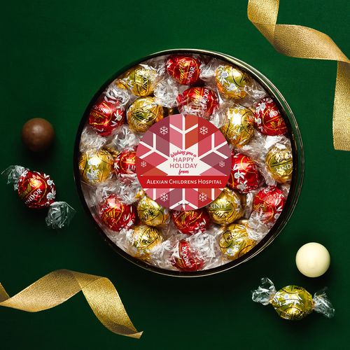 Personalized Christmas Red Snowflake Large Plastic Tin with Lindt Truffles (20pcs)
