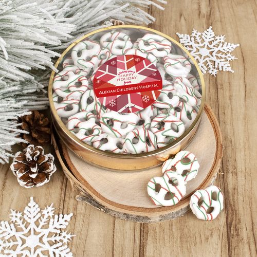 Personalized Christmas Red Snowflake Large Plastic Tin Holiday Yogurt Pretzels (approx 40pcs)