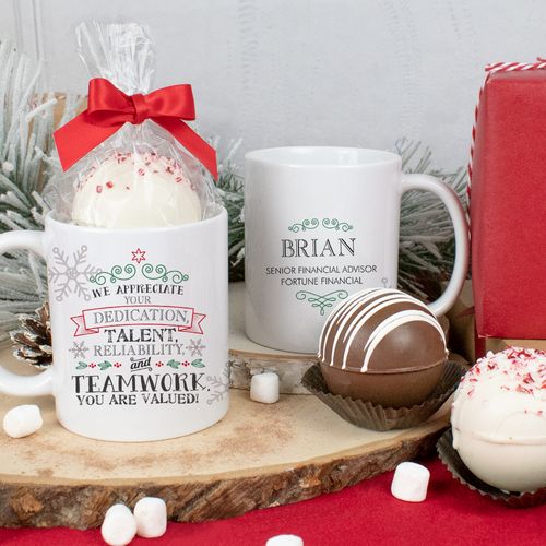 Personalized Christmas 11oz Mug with Hot Chocolate Bomb - Holiday Valued Teamwork
