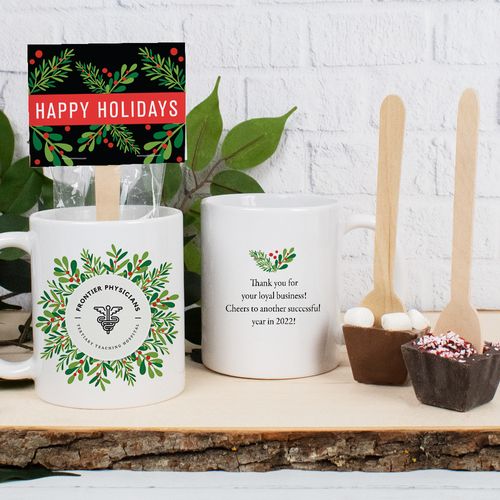 Personalized Christmas 11oz Mug with Hot Chocolate Spoon - Holiday Wreath with Logo