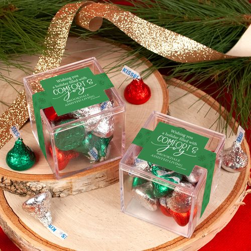 Personalized Christmas Comfort and Joy JUST CANDY® favor cube with Hershey's Kisses
