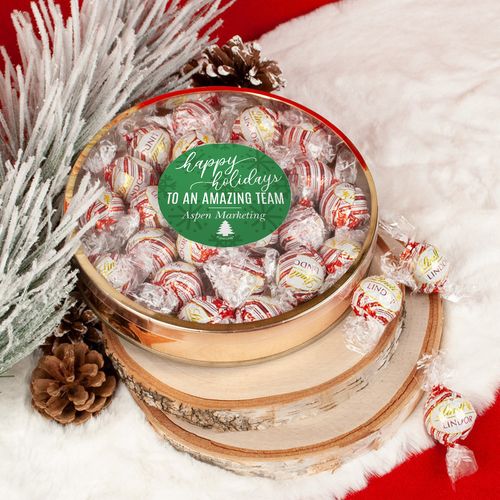 Personalized Christmas Festive Snowflakes Large Plastic Tin Lindor Peppermint Truffles by Lindt (20pcs)