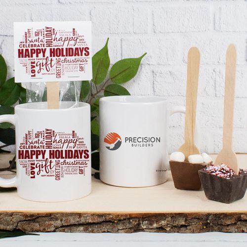 Personalized Christmas 11oz Mug with Hot Chocolate Spoon - Happy Holidays Word Cloud with Logo