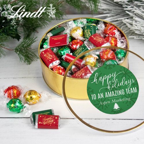 Personalized Christmas Festive Snowflakes Extra-Large Plastic Tin with Approx 1.2lb Hershey's Miniatures and Lindor Truffles by Lindt