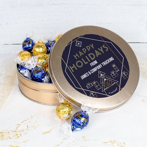 Personalized Christmas Holiday Deco Blue and Gold Tin with Lindt Truffles (approx 35 pcs)