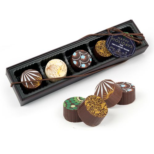 Personalized Christmas Holiday Deco in Blue and Gold Gourmet Belgian Chocolate Truffle Gift Box (5 Truffles)