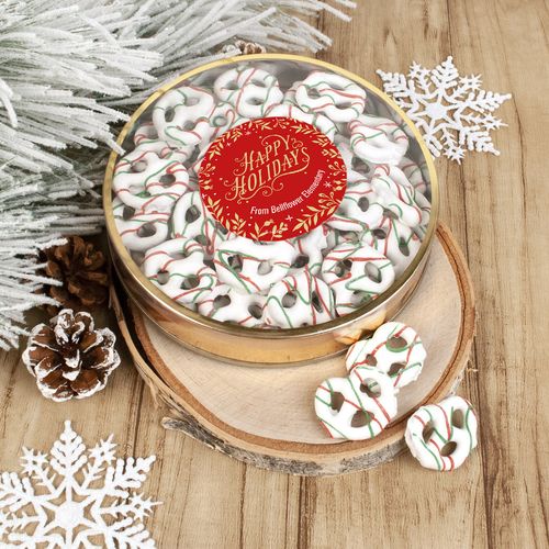 Personalized Christmas Gold Leaves Large Plastic Tin Holiday Yogurt Pretzels (approx 40pcs)