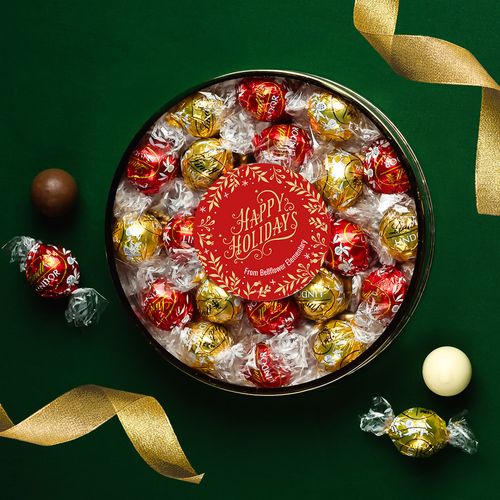 Personalized Christmas Gold Leaves Large Plastic Tin with Lindt Truffles (20pcs)
