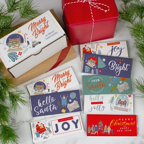 Personalized Merry and Bright Belgian Chocolate Bars Gift Box - 8 Pack