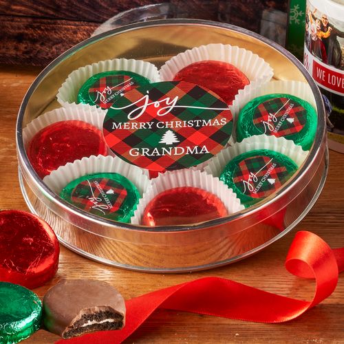 Personalized Christmas Joy in Plaid Chocolate Covered Oreos Large Plastic Tin