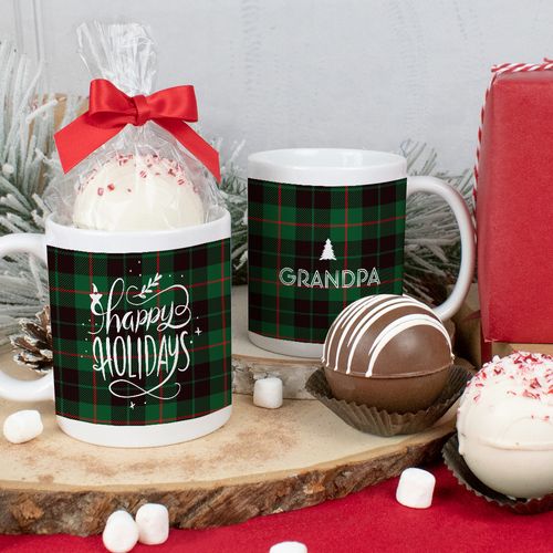 Personalized Christmas 11oz Mug with Hot Chocolate Bomb - Happy Holidays in Plaid