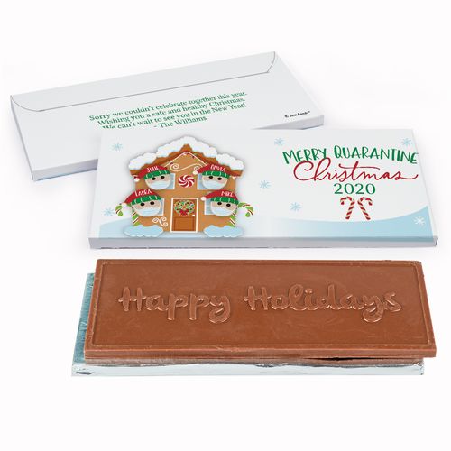 Deluxe Personalized Christmas Quarantine Family of 4 Embossed Happy Holidays Chocolate Bar in Gift Box
