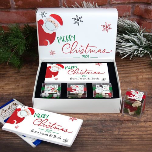 Personalized Merry Quarantine Christmas Premium Gift Box with Lindt Milk Chocolate Bar & 3 JUST CANDY® favor cubes