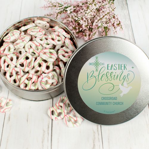 Personalized Easter Blessings Tin with Yogurt Pretzels (1lb approx 80 pcs)