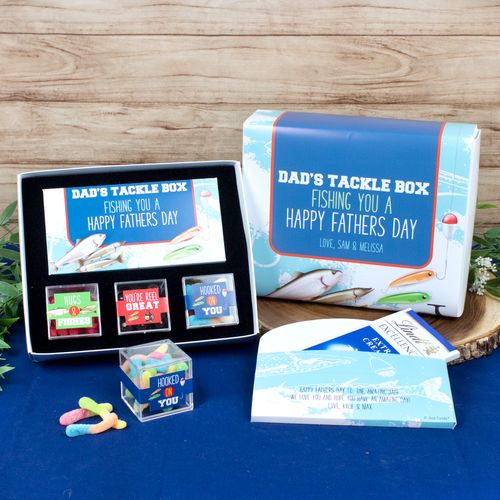 Personalized Father's Day Tackle Box Premium Gift Box with Lindt Milk Chocolate Bar & 3 JUST CANDY® favor cubes