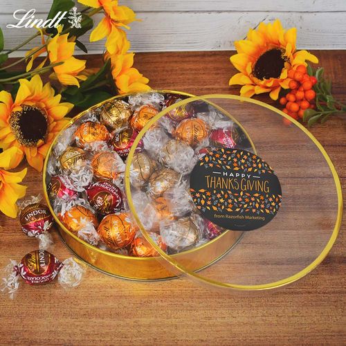 Personalized Thanksgiving Autumn Leaves Large Plastic Tin with Lindt Truffles (20pcs)