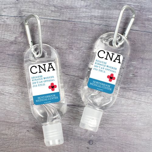 Personalized Hand Sanitizer with Carabiner Nurse Appreciation CNA Miracle Worker 1 fl. oz bottle