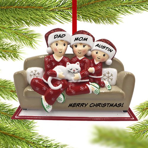 Personalized Couch Family of 3 with Cat