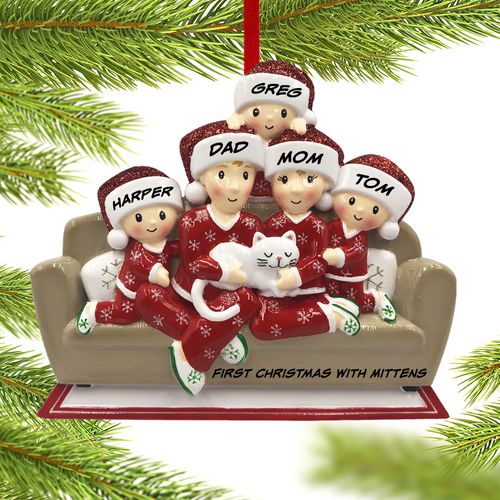 Personalized Couch Family of 5 with Cat
