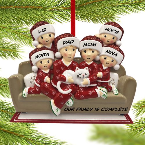 Personalized Couch Family of 6 with Cat