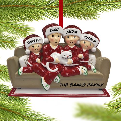 Personalized Couch Family of 4 with Cat