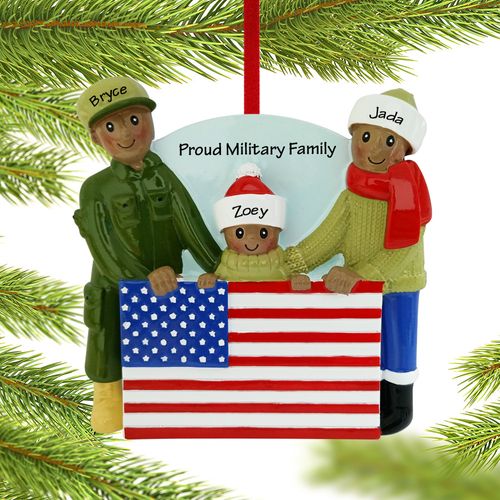 Military African American Family Of 3 Holiday Ornament