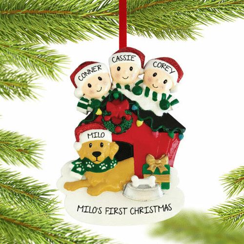Family Of 3 With Dog In Doghouse Holiday Ornament