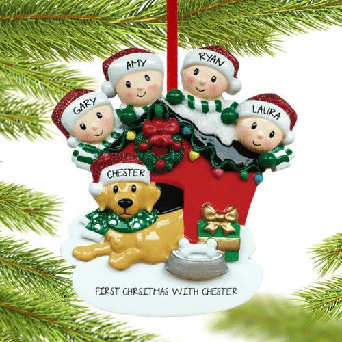 Family Of 4 With Dog In Doghouse Holiday Ornament