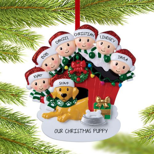 Family Of 6 With Dog In Doghouse Holiday Ornament