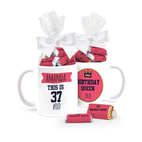 Birthday Gifts Personalized 11oz Coffee Mug with approx. 24 Wrapped Hershey's Miniatures - Birthday Queen